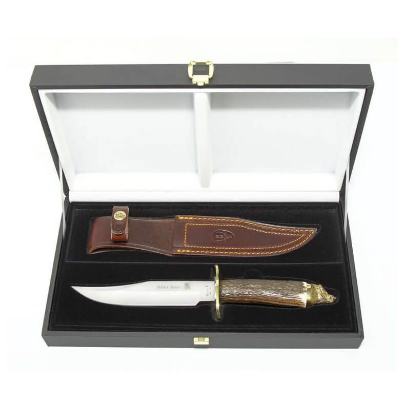 Hunting knife Muela Wilboard-16A with deer antler handle with decorative boar's head