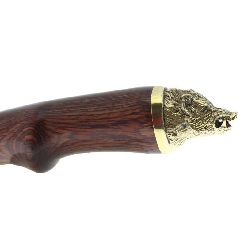Coltello da caccia Muela Wilboard-16R con manico in legno pressato corallo con testa di cinghiale decorativa