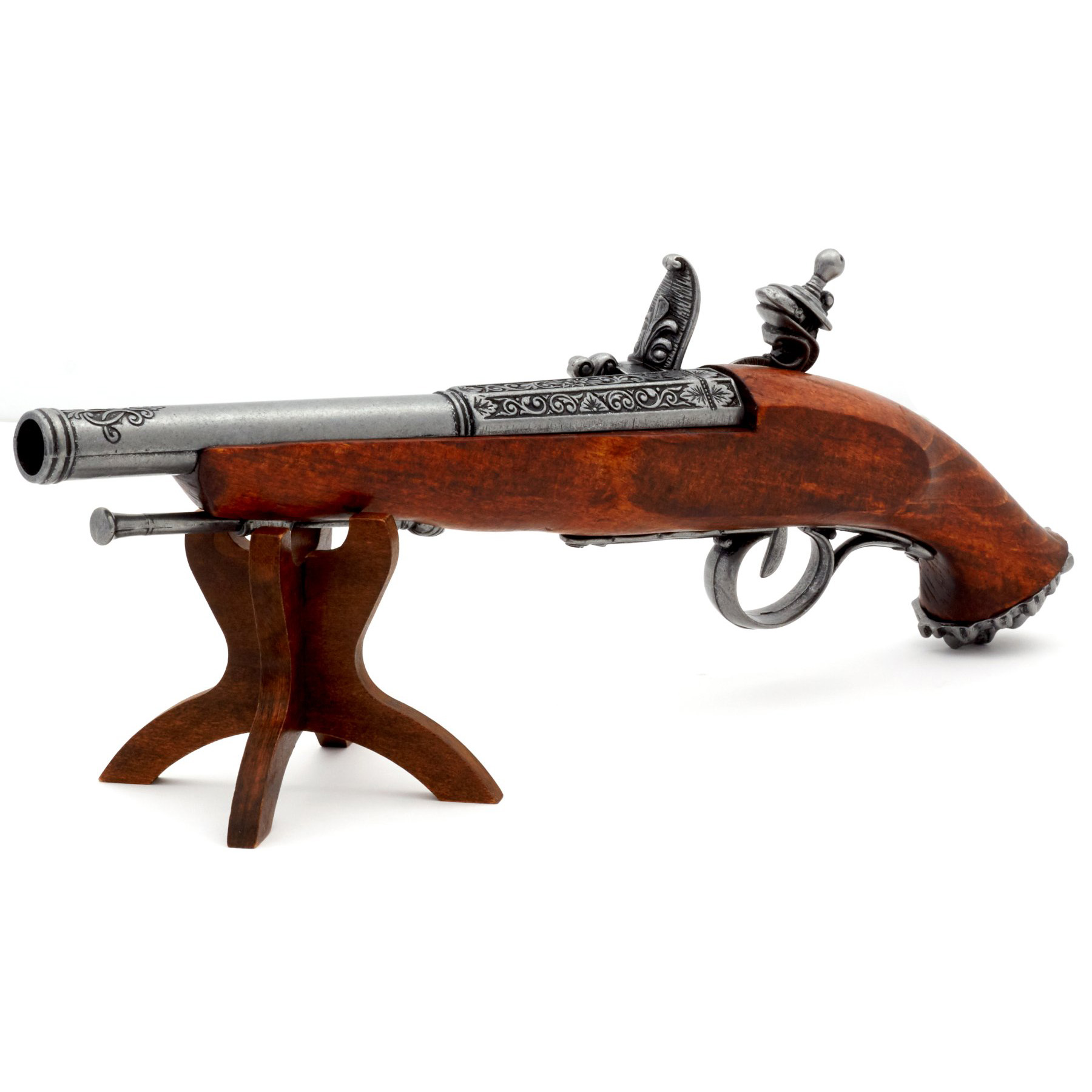 Pistola pirata de pederneira de madeira e metal do séc. XVIII