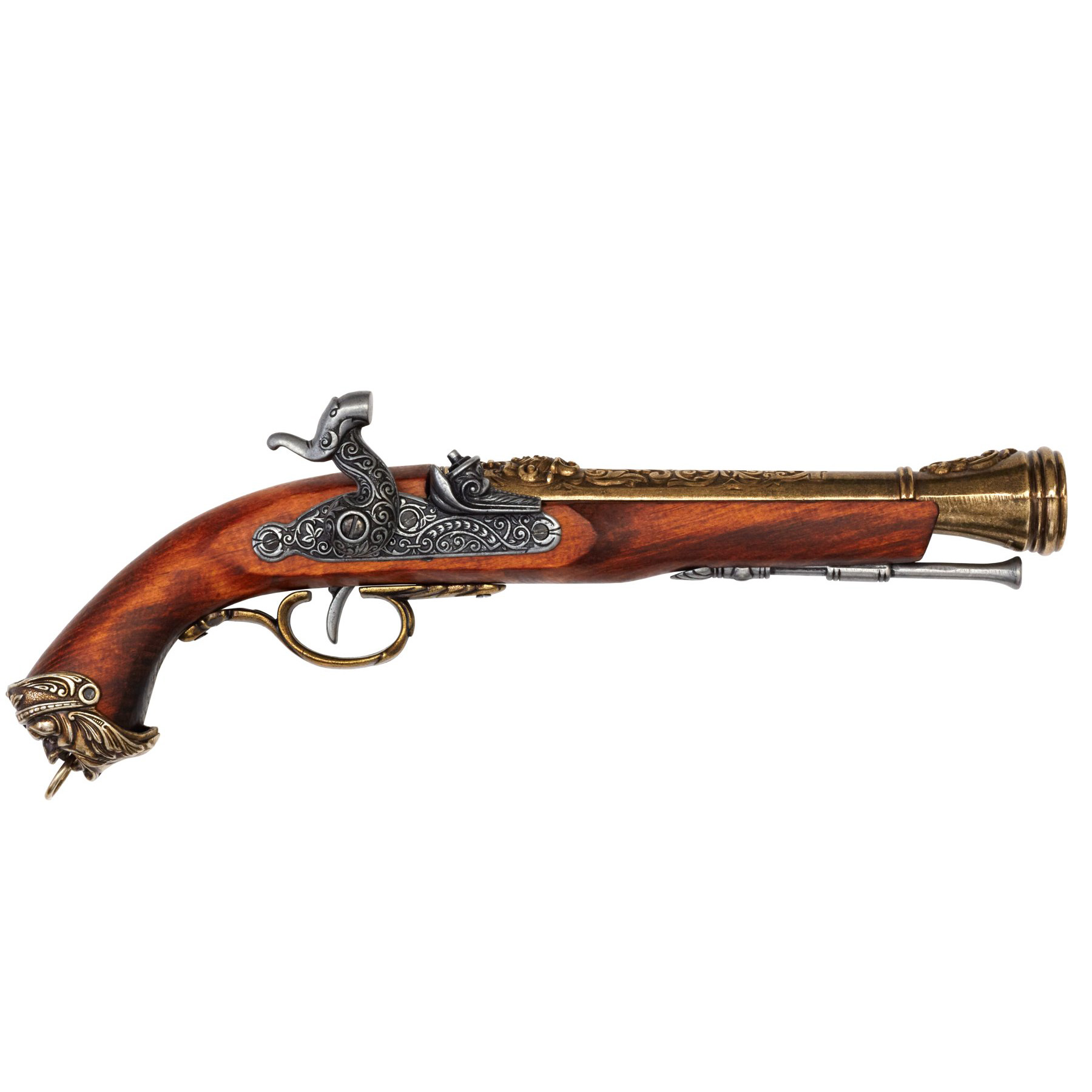 Pistola de percusión pirata de madera y metal acabado latón Itali...