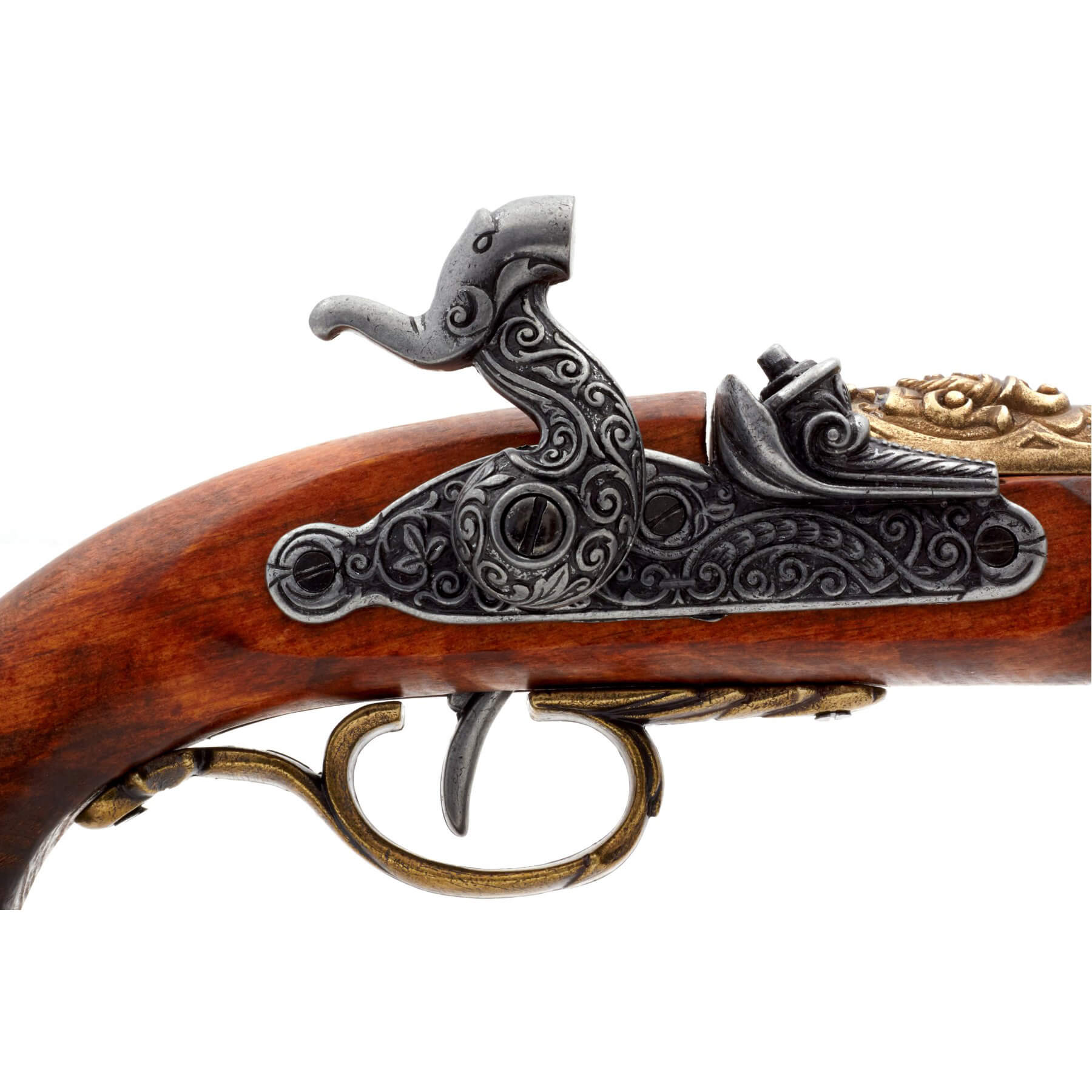 Pistola de percussão pirata em madeira e metal, acabamento em latão, Itália, séc.
