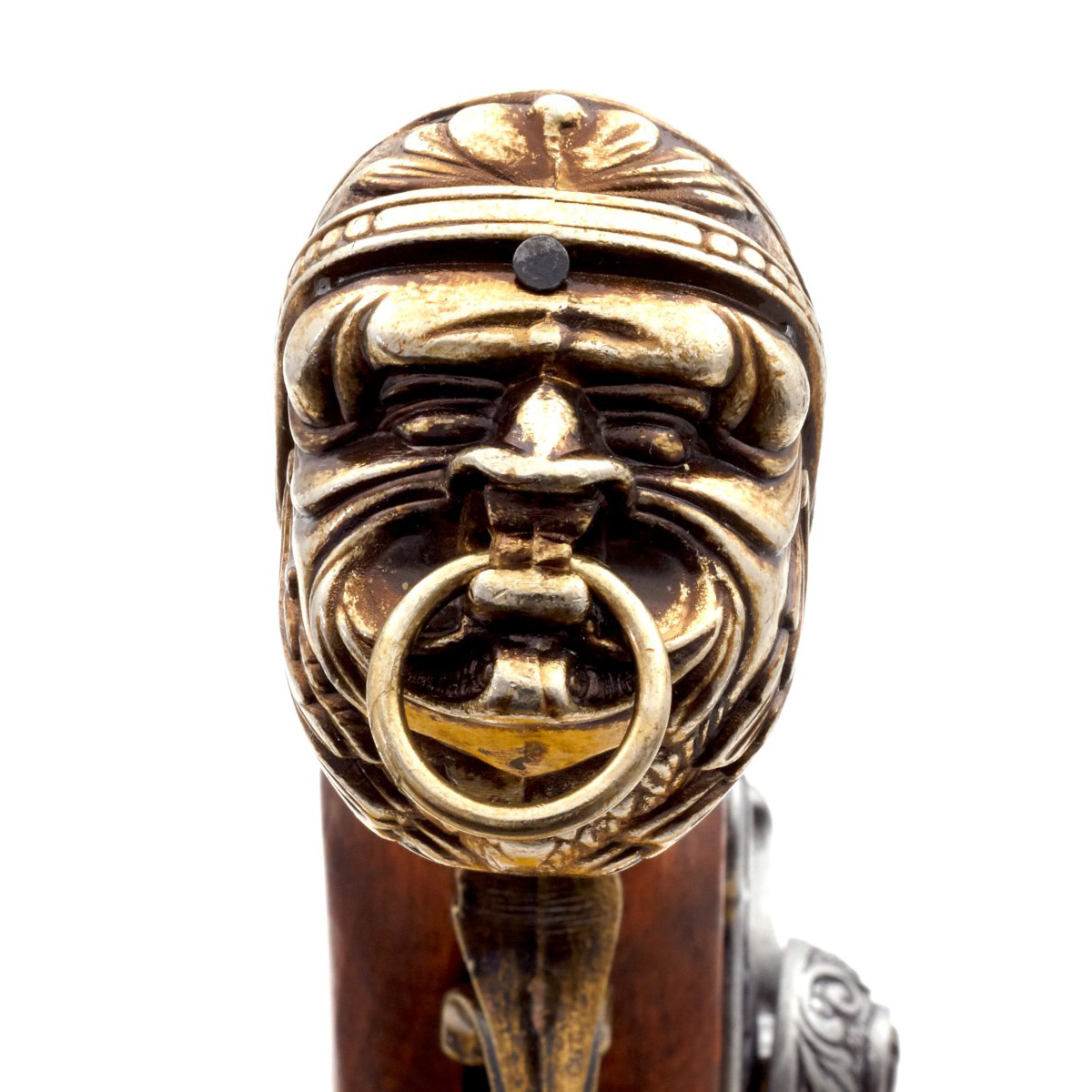 Pistola de percussão pirata em madeira e metal, acabamento em latão, Itália, séc.