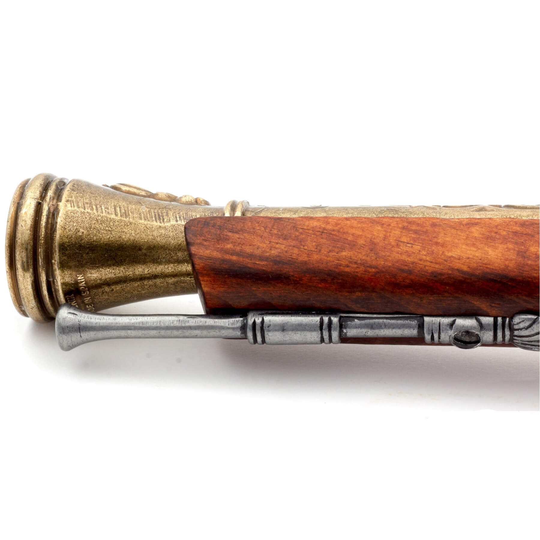 Pistola de percussão pirata em madeira e metal, acabamento em latão, Itália, séc.