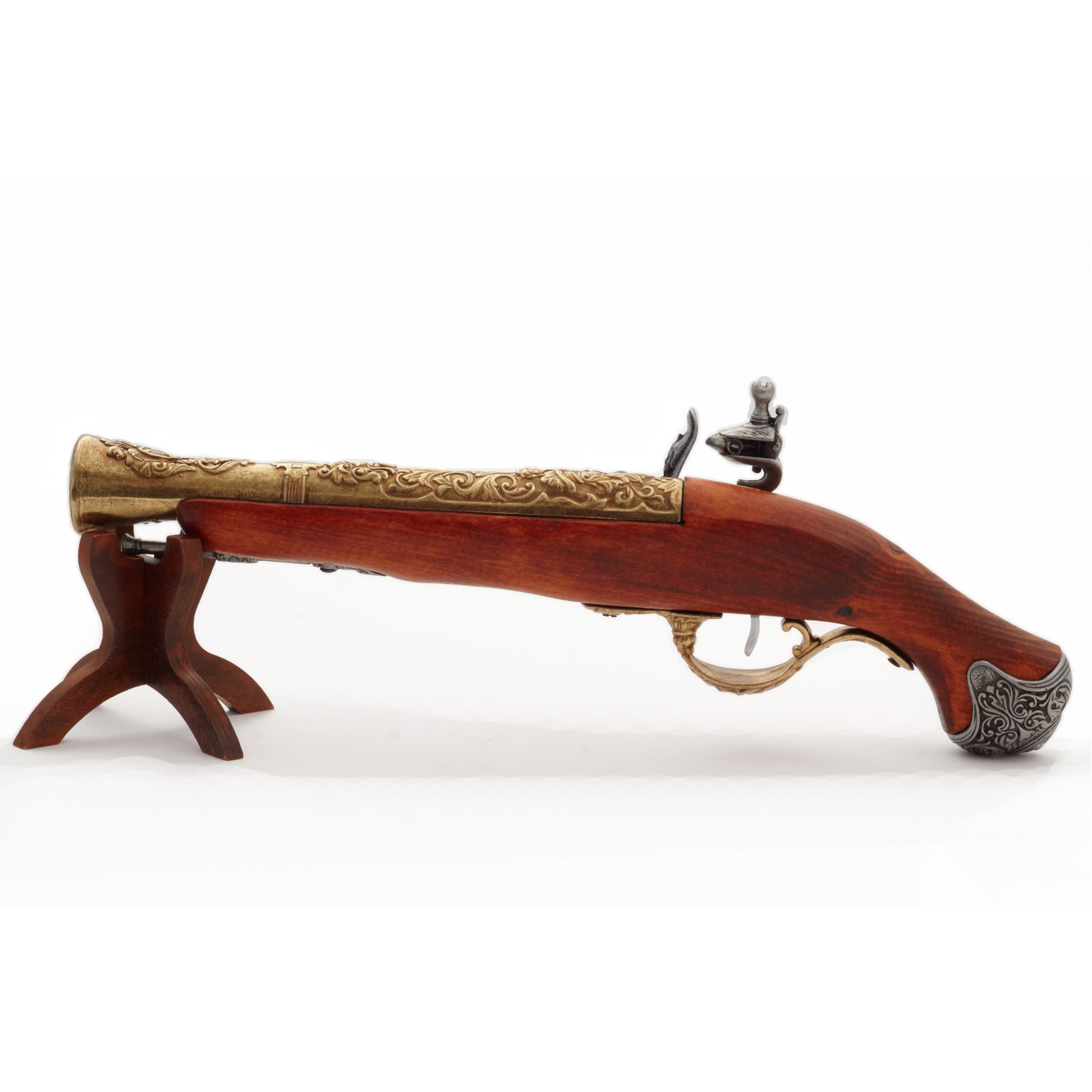 Pistola de chispa de madera y metal con acabado latón, Inglaterra siglo XVIII