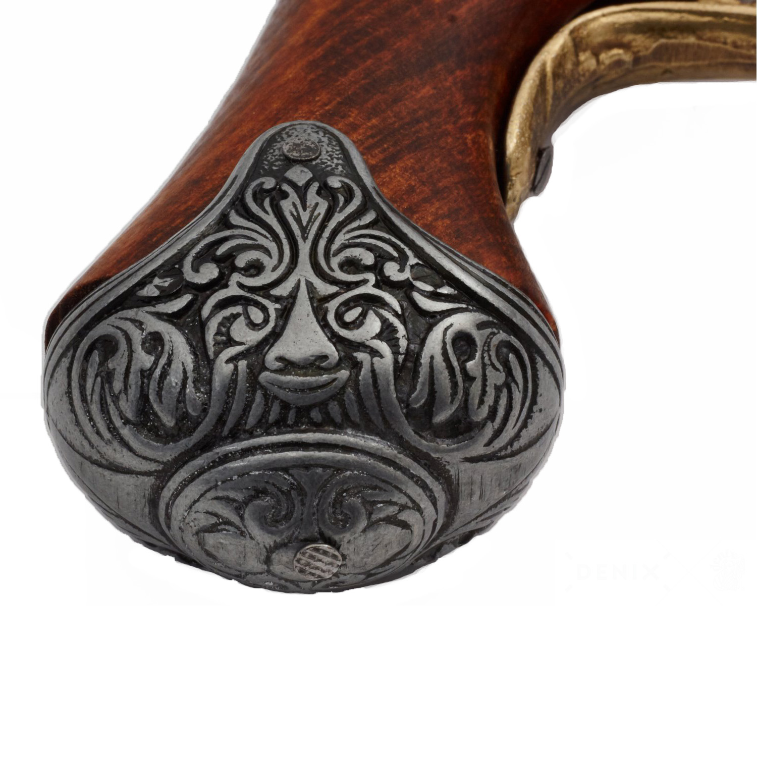 Pistola de chispa de madera y metal con acabado latón, Inglaterra siglo XVIII