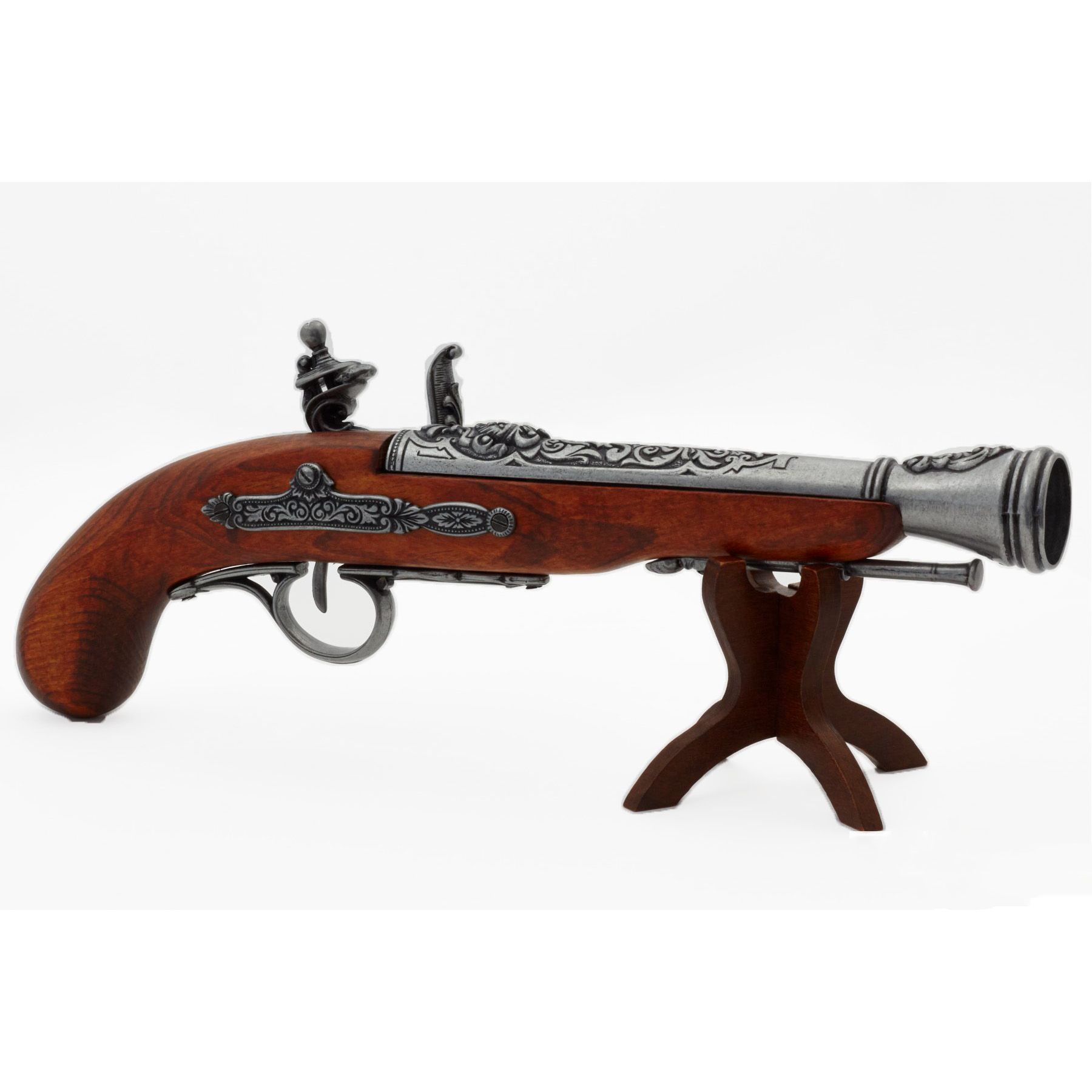 Pistola de chispa pirata zurda de madera y metal S. XVIII