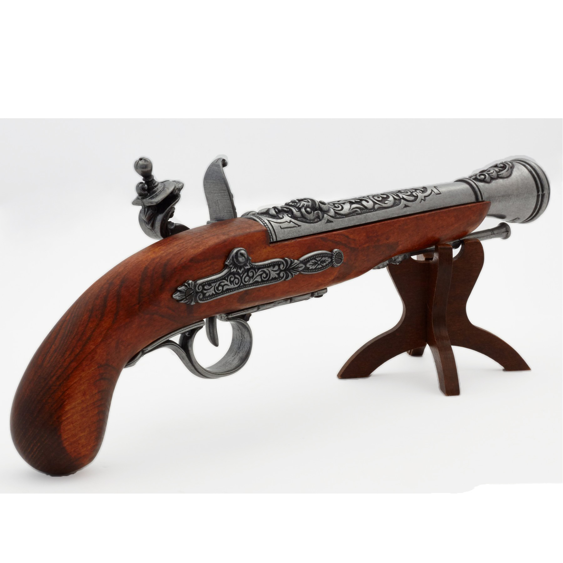 Pistola de chispa pirata zurda de madera y metal S. XVIII