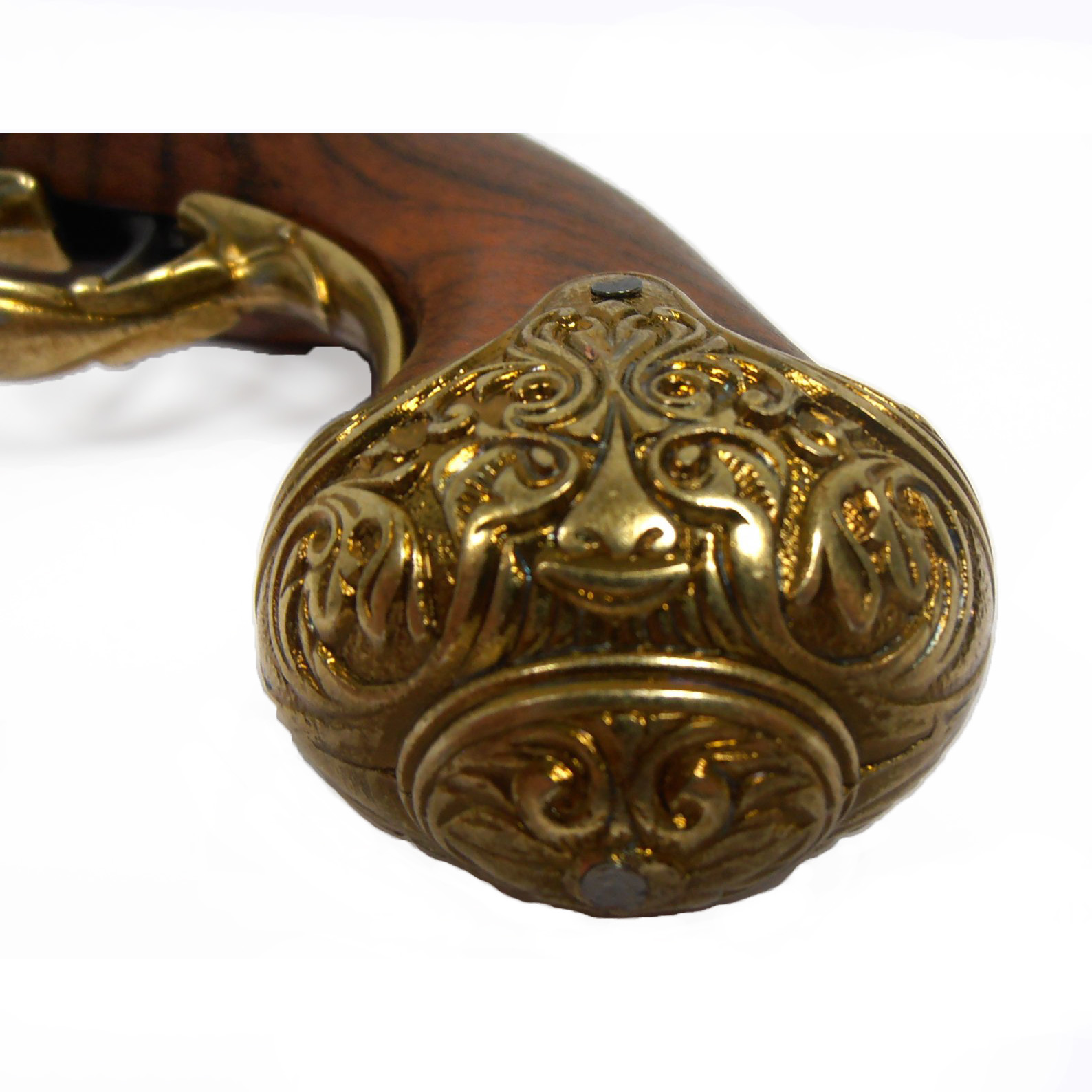 Linkshändige Steinschlosspistole aus Holz und vermessingtem Metall, Indien, 18. Jahrhundert