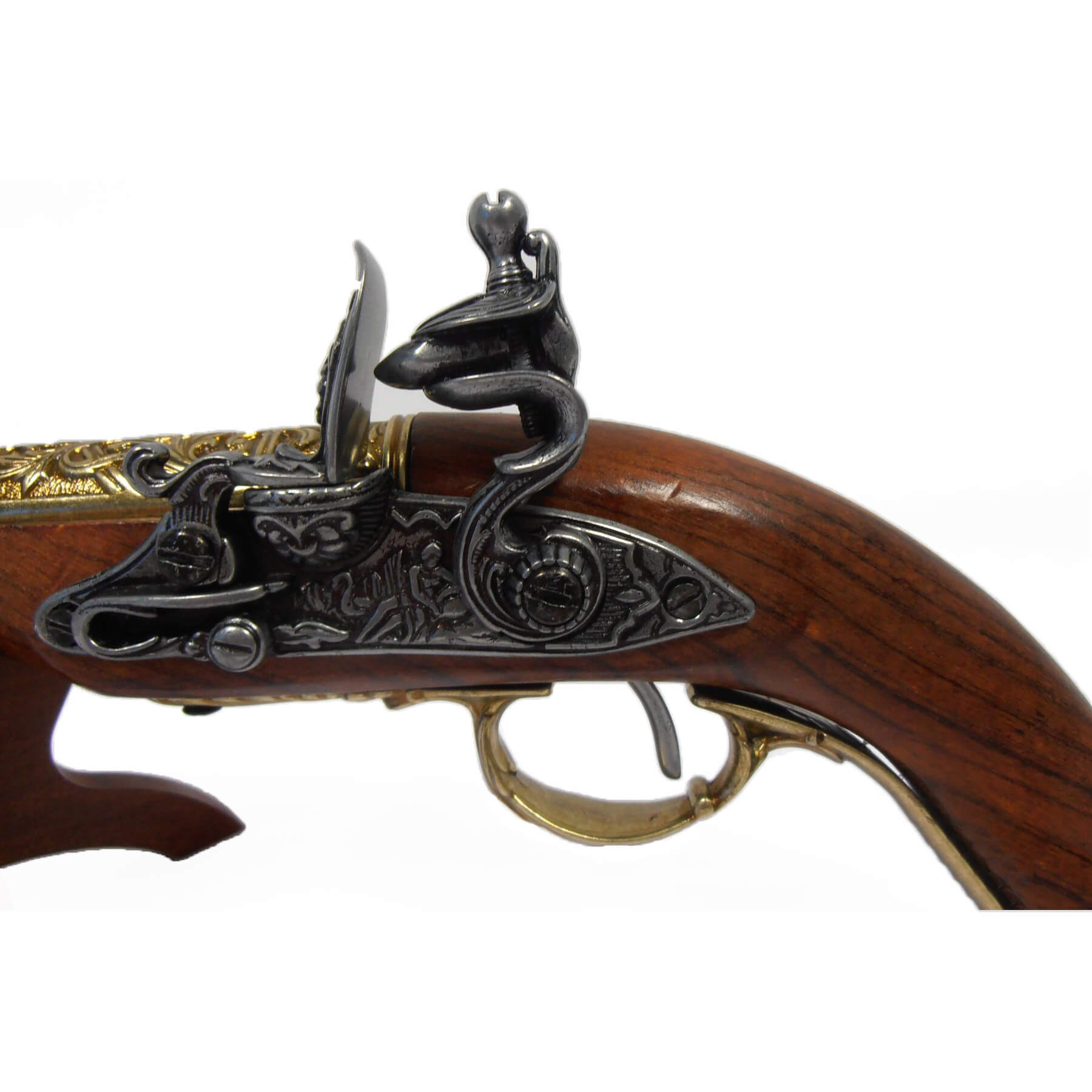 Linkshändige Steinschlosspistole aus Holz und vermessingtem Metall, Indien, 18. Jahrhundert