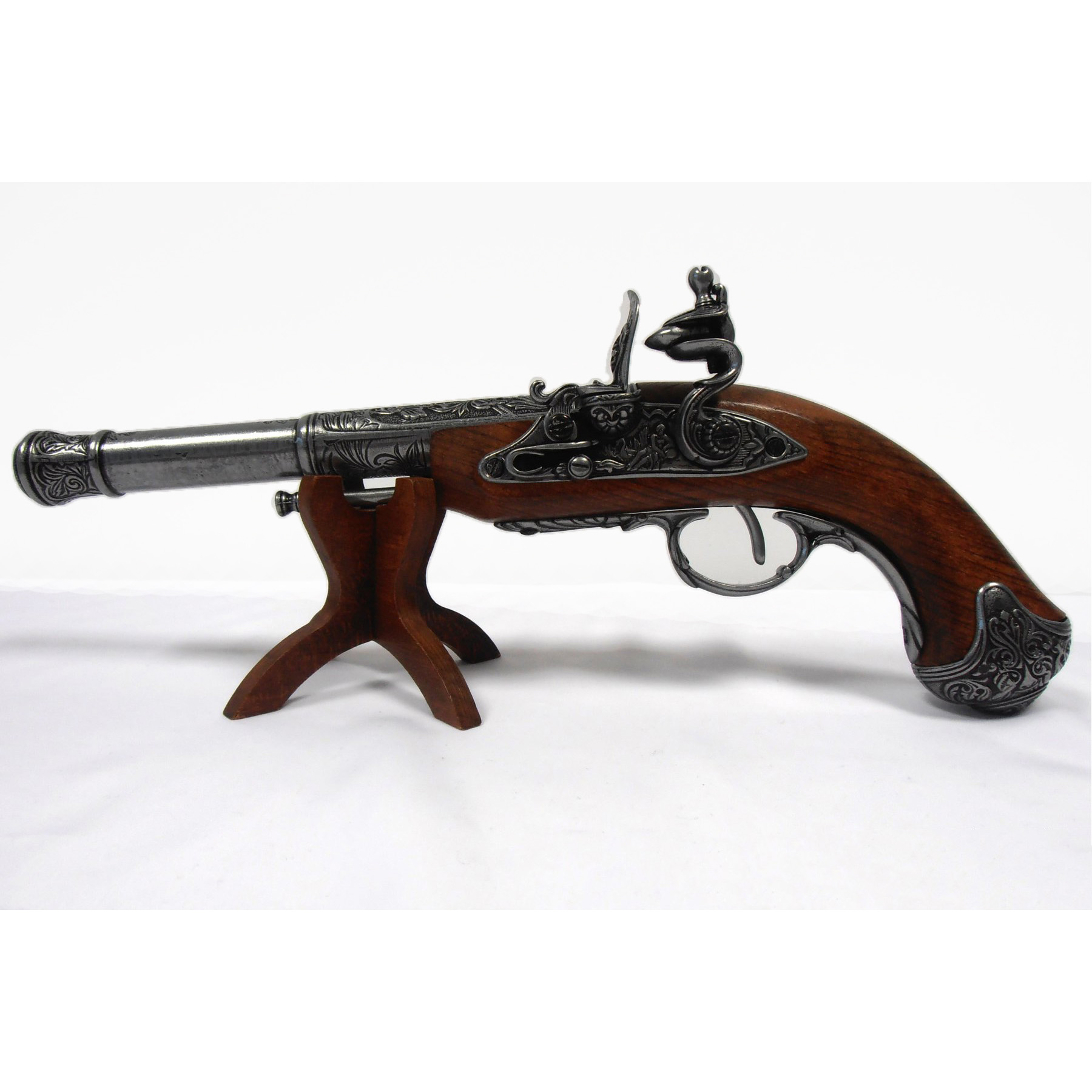 Pistola de pederneira para canhotos feita de madeira e metal, Índia, século XVIII