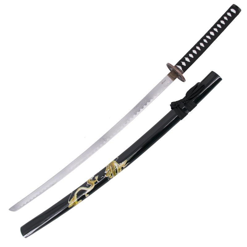 Katana decorativa con vaina negra con dragón y puño negro