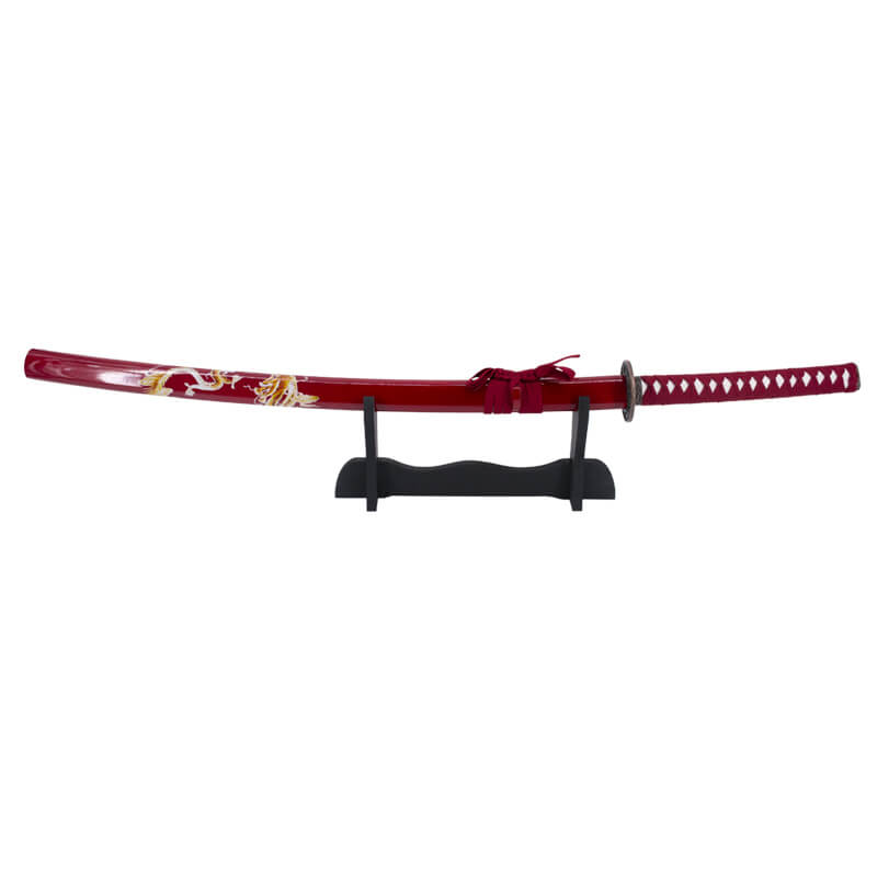 Katana decorativa con vaina roja con dragón y puño rojo