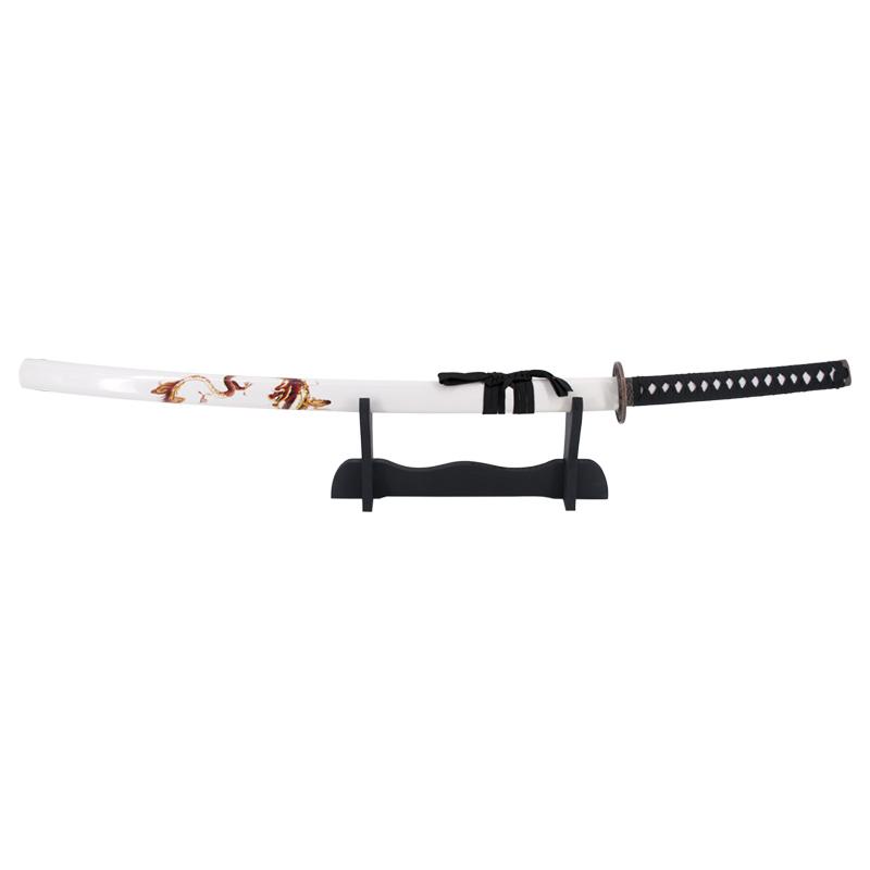 Katana decorativa con vaina blanca con dragón y puño negro