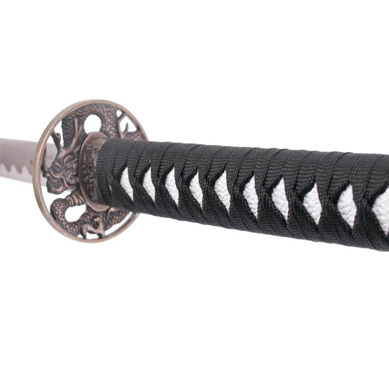 Katana decorativa con vaina blanca con dragón y puño negro