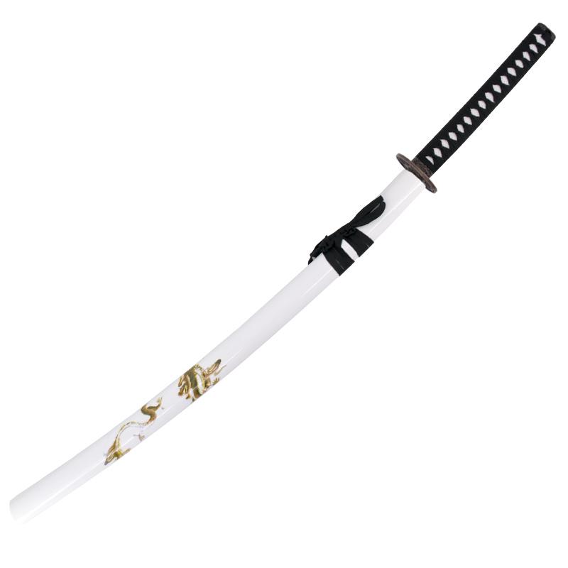 Katana decorativa con vaina blanca con dragón y puño negro