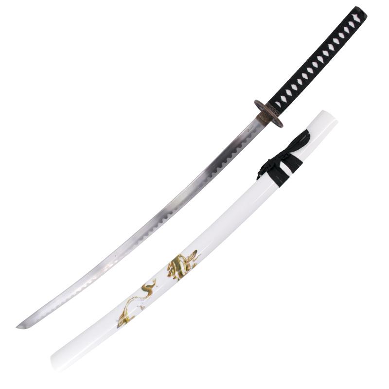 Katana decorativa con vaina blanca con dragón y puño negro
