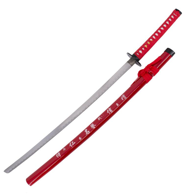 Katana decorativa con vaina roja con inscripción