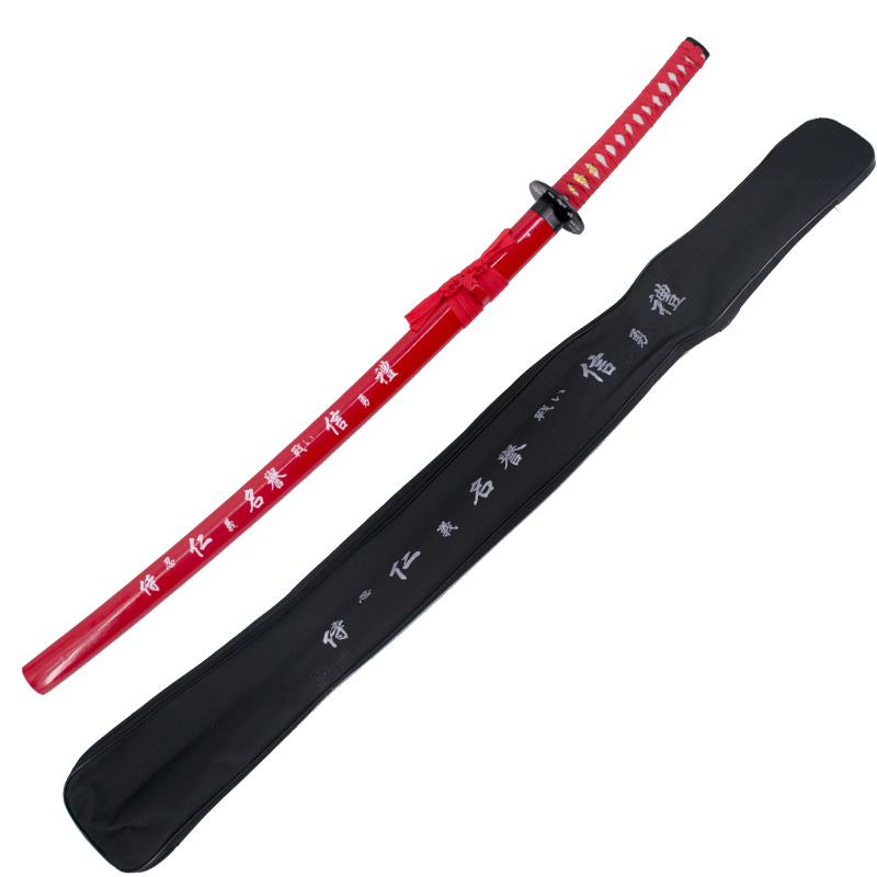 Katana decorativa con vaina roja con inscripción