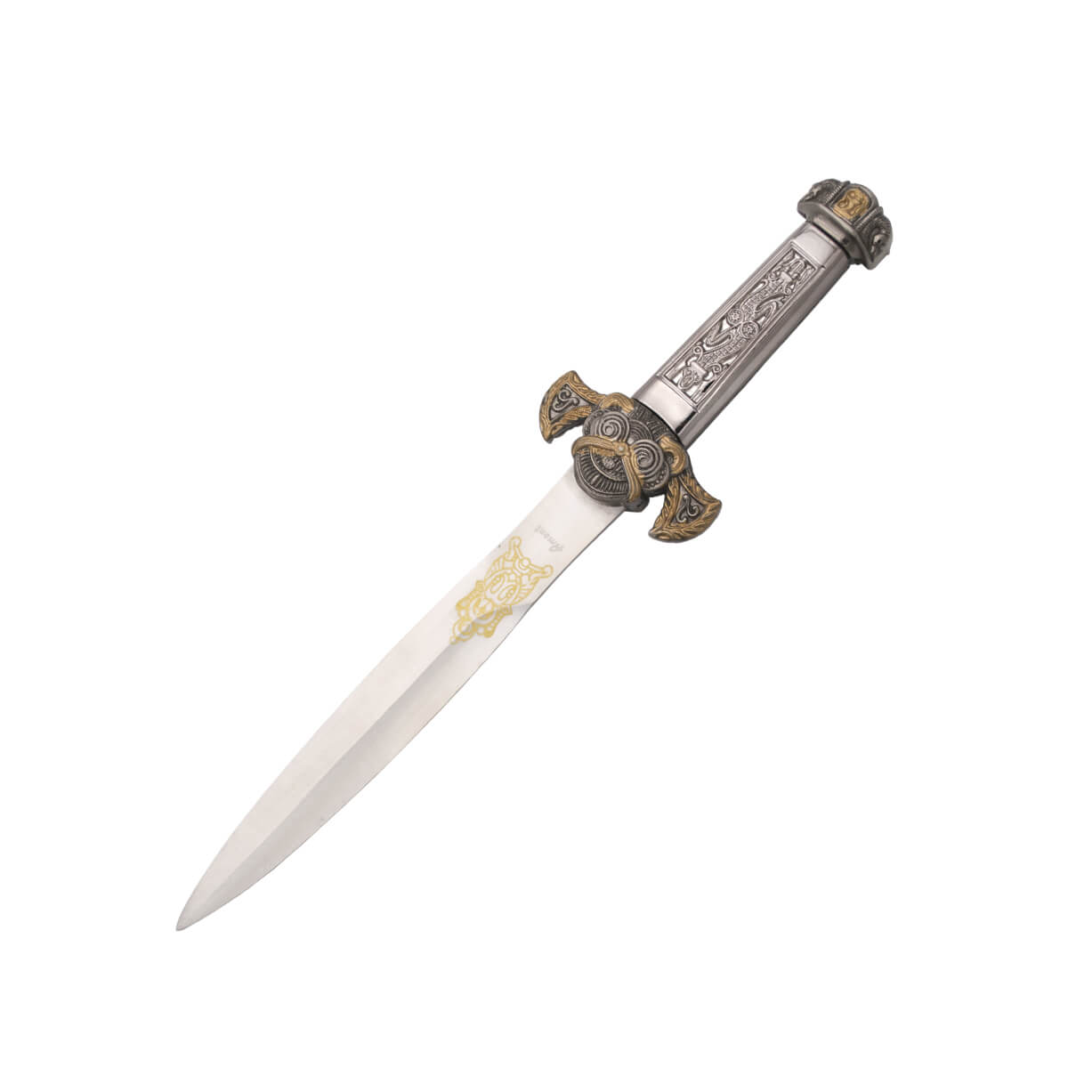 Aztec dagger with nickel and pomo colored hilt and illustrated gu...