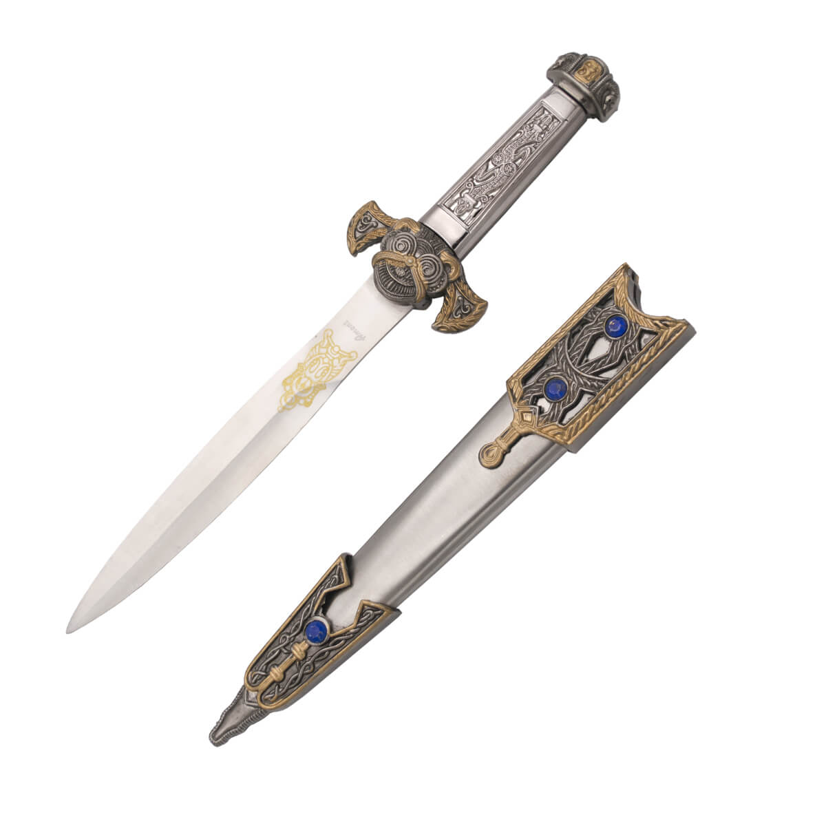 Adaga asteca com punho colorido em níquel e pomo e guarda ilustrada