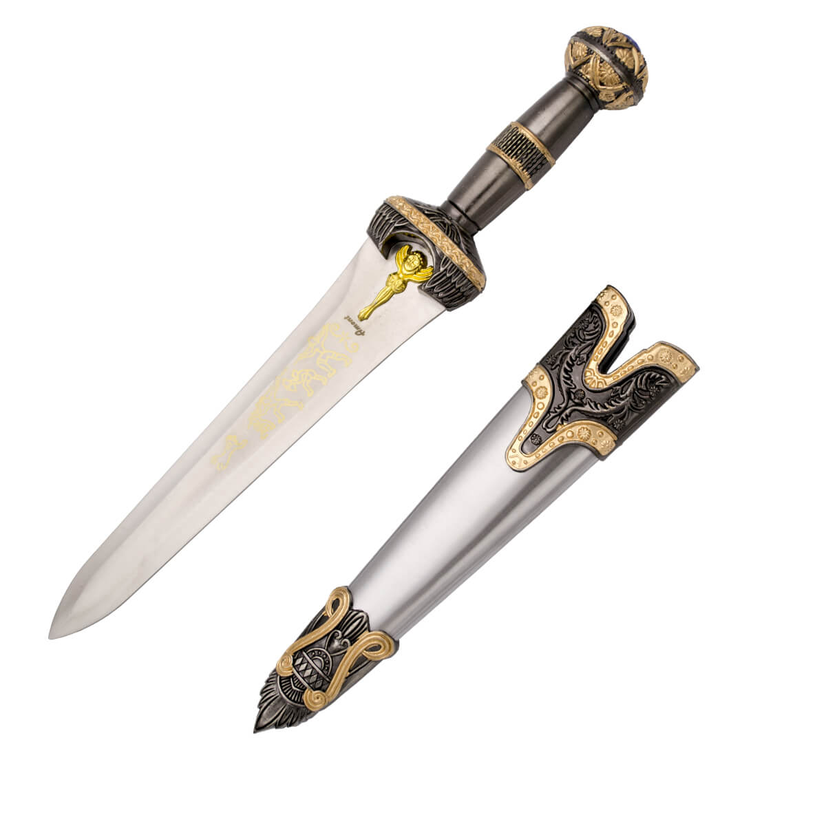 Greek Dagger with hilt and guard in nickel and bronze color and decorated metal scabbard