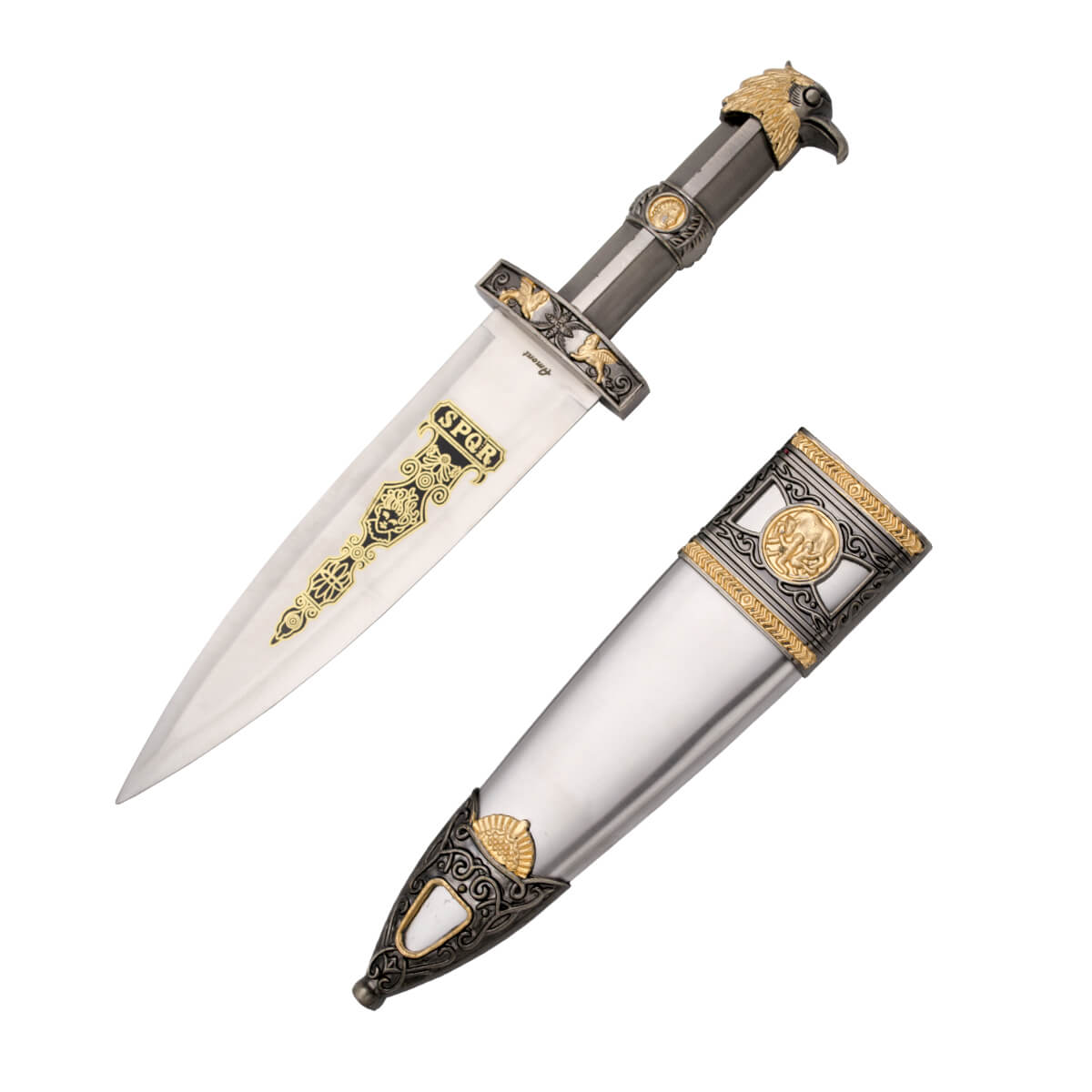 SPQR Roman Dagger with nickel colored hilt and nickel and bronze colored eagle pommel