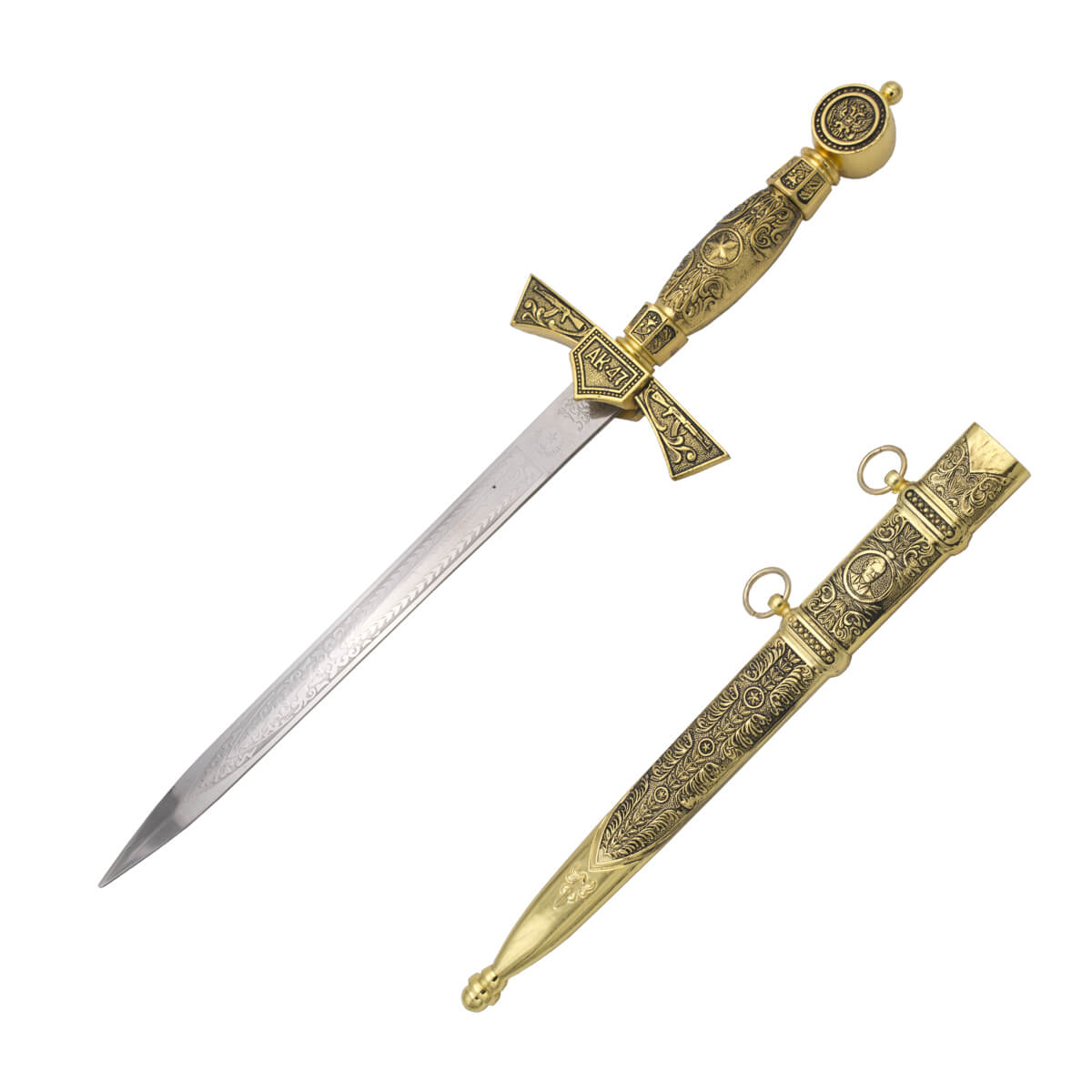 Daga AK-47 con pomo, guarda y empuñadura en color dorado y hoja c...