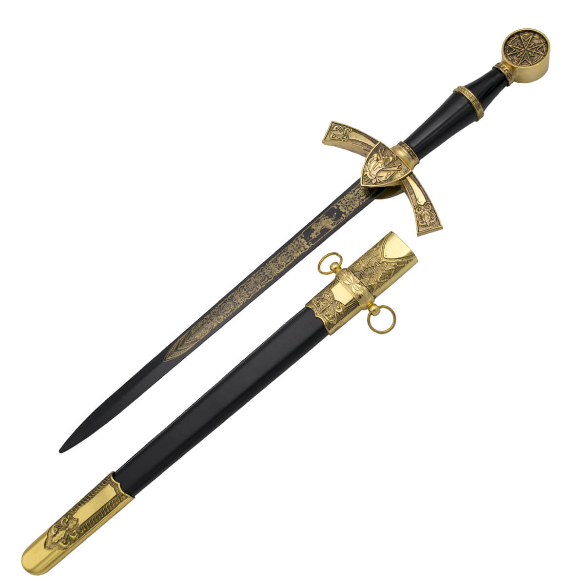 Daga medieval con pomo y guarda en color dorado y hoja negra con ...