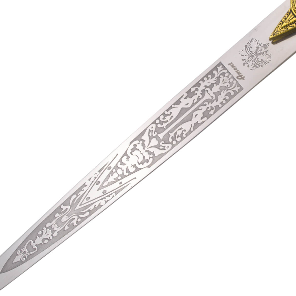 Adaga maçônica com pomo e guarda na cor bronze e lâmina com gravuras de 24 cm