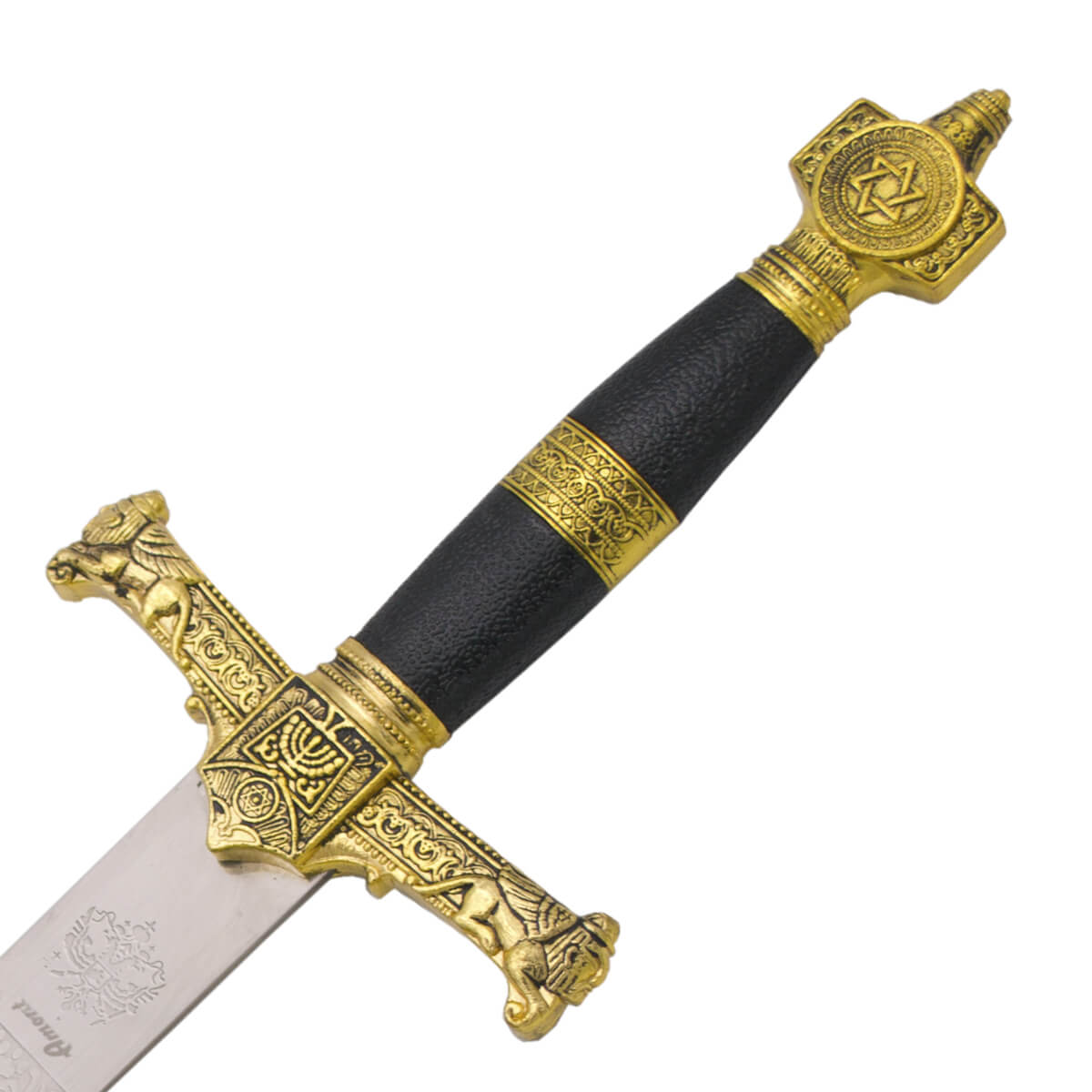 Daga de Salomón con pomo y guarda en color bronce y hoja con grabados de 24 cm