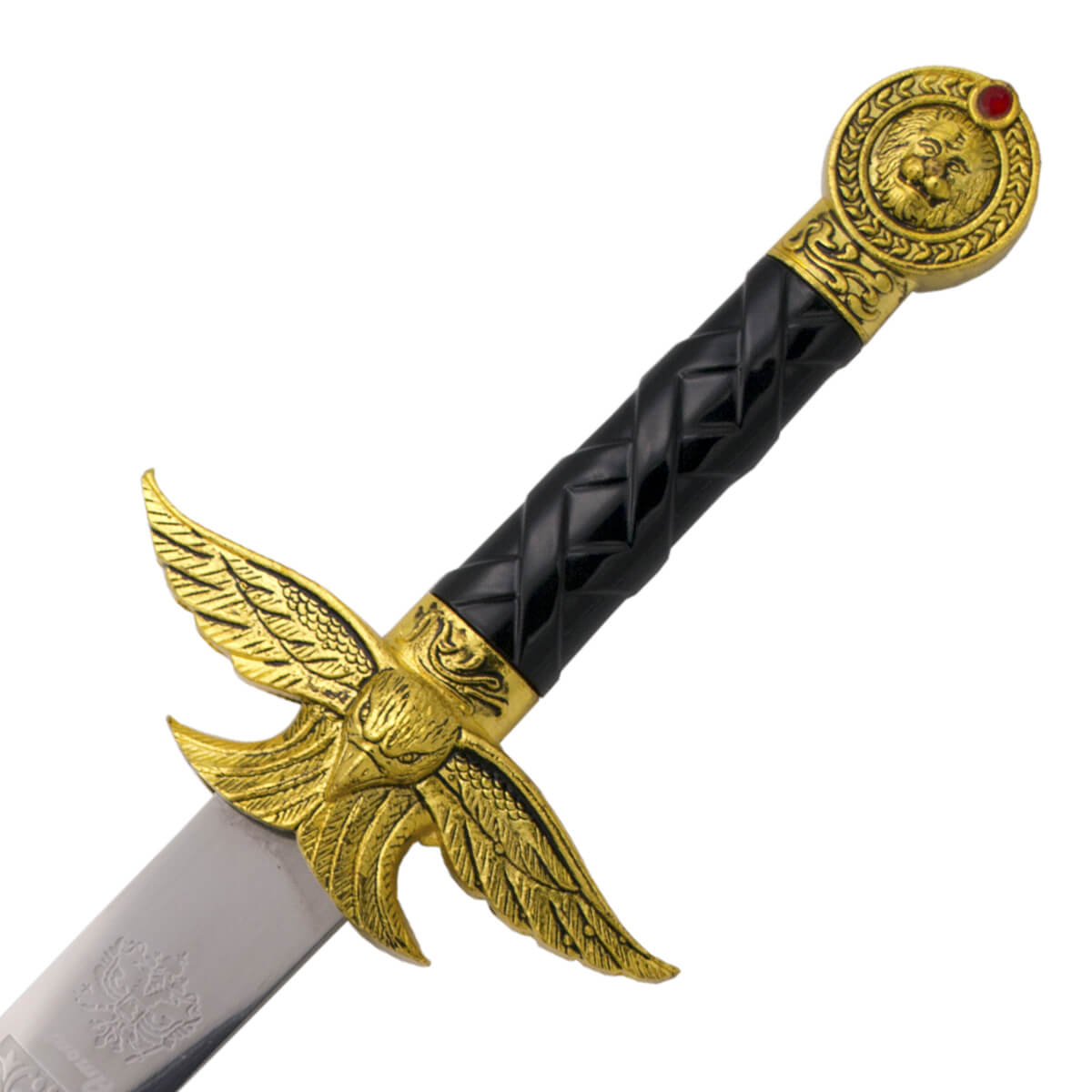 Pugnale romano con pomo e guardia in color bronzo e lama con incisioni di 24 cm