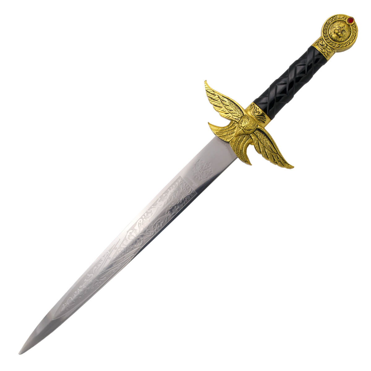 Pugnale romano con pomo e guardia in color bronzo e lama con incisioni di 24 cm