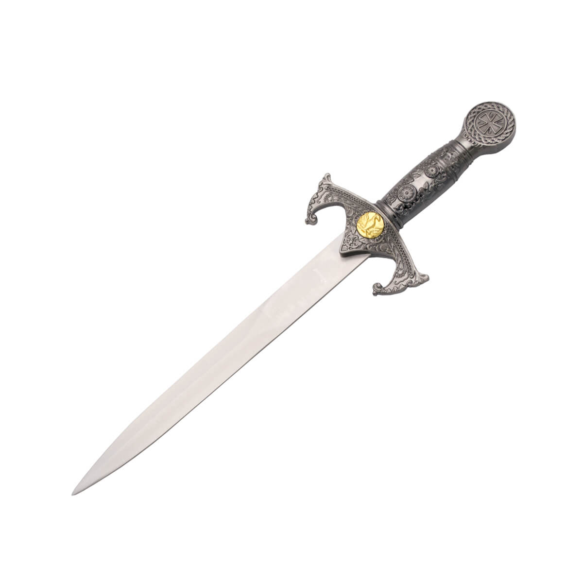 Templar dagger with nickel and gold pommel and black scabbard