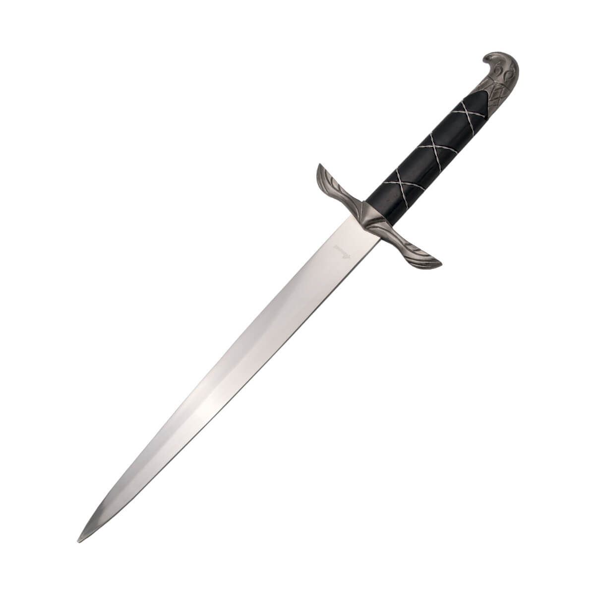 Assassin's Creed dagger with nickel-colored eagle-shaped pommel, nickel guard and black hilt, and black scabbard