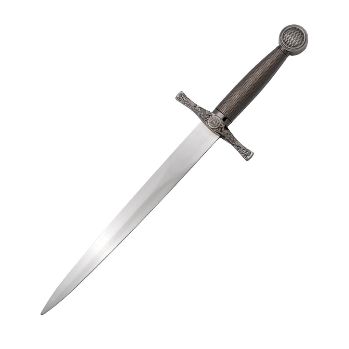 Excalibur dagger with nickel-colored pommel, guard, and hilt, and black scabbard