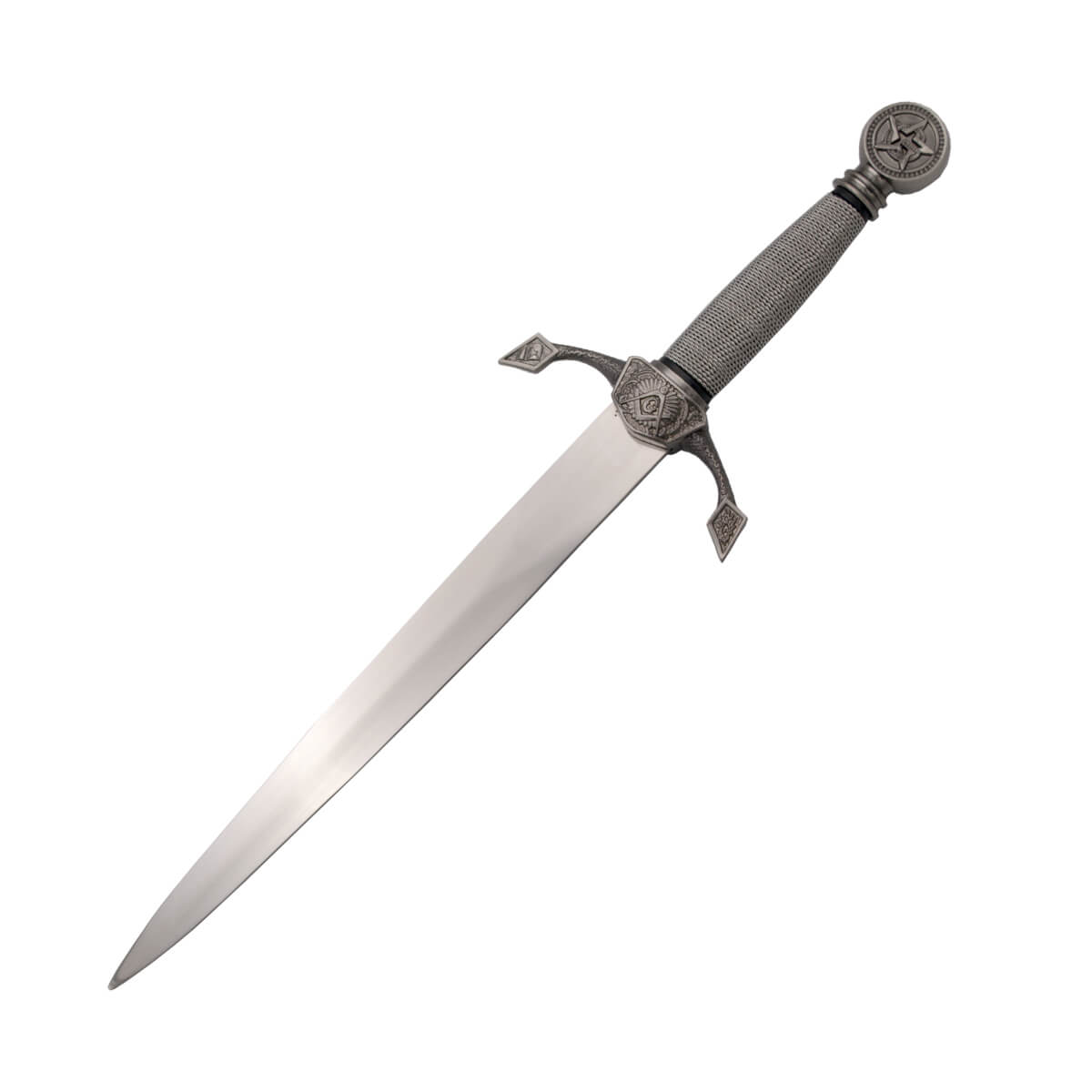 Adaga maçônica com guarda pomo e punho colorido de níquel e bainha preta