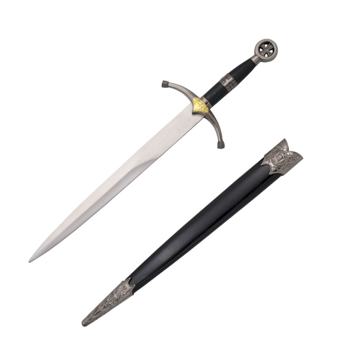 Daga medieval cruzados con pomo color níquel y dorado con cruz y vaina negra
