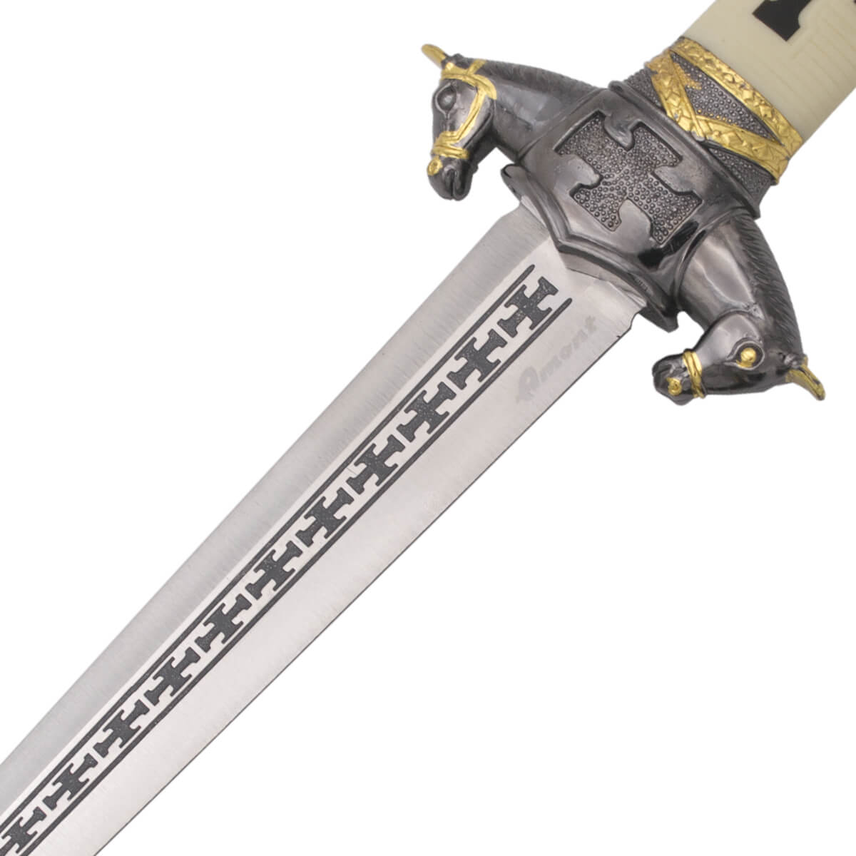 Daga caballero medieval con pomo y guarda en color níquel y hoja con grabados de 22 cm