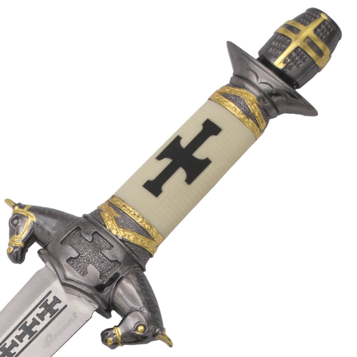 Daga caballero medieval con pomo y guarda en color níquel y hoja con grabados de 22 cm