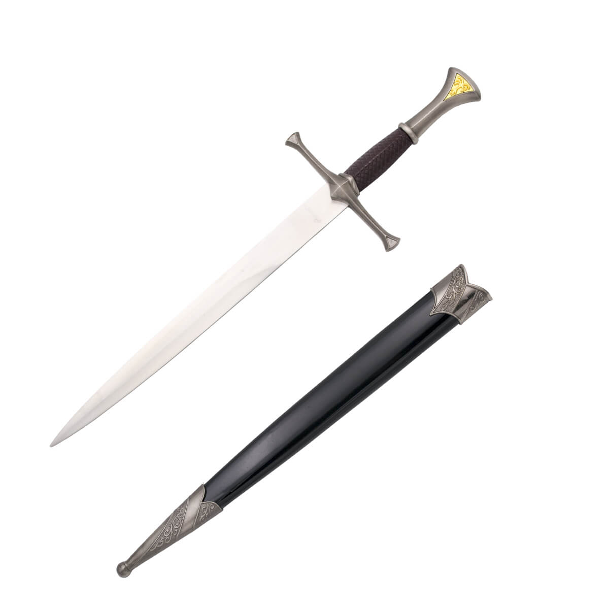 Mittelalterlicher Dolch mit nickelfarbenem Knauf und goldenen Details und schwarzer Scheide