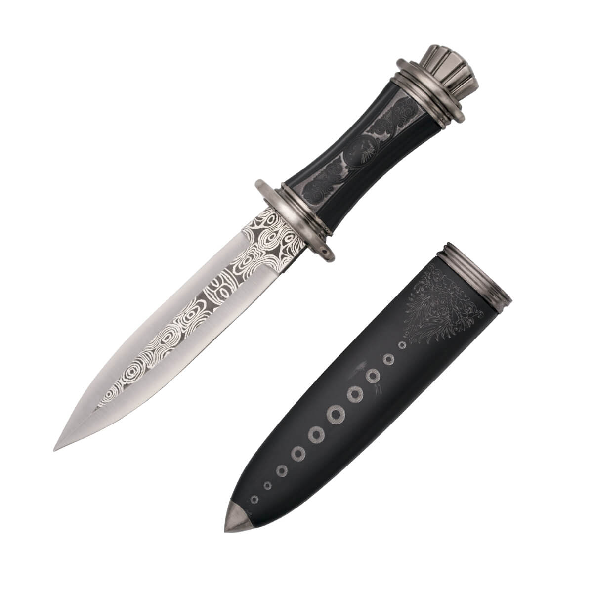 Antique dagger with nickel-colored pommel and guard and black hil...