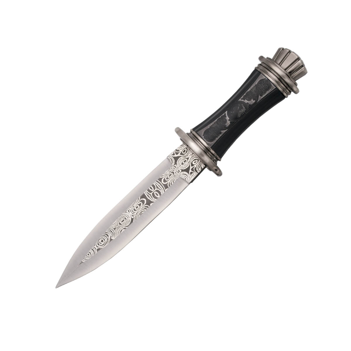 Antique dagger with nickel-colored pommel and guard and black hilt with eagle engravings includes black metal scabbard