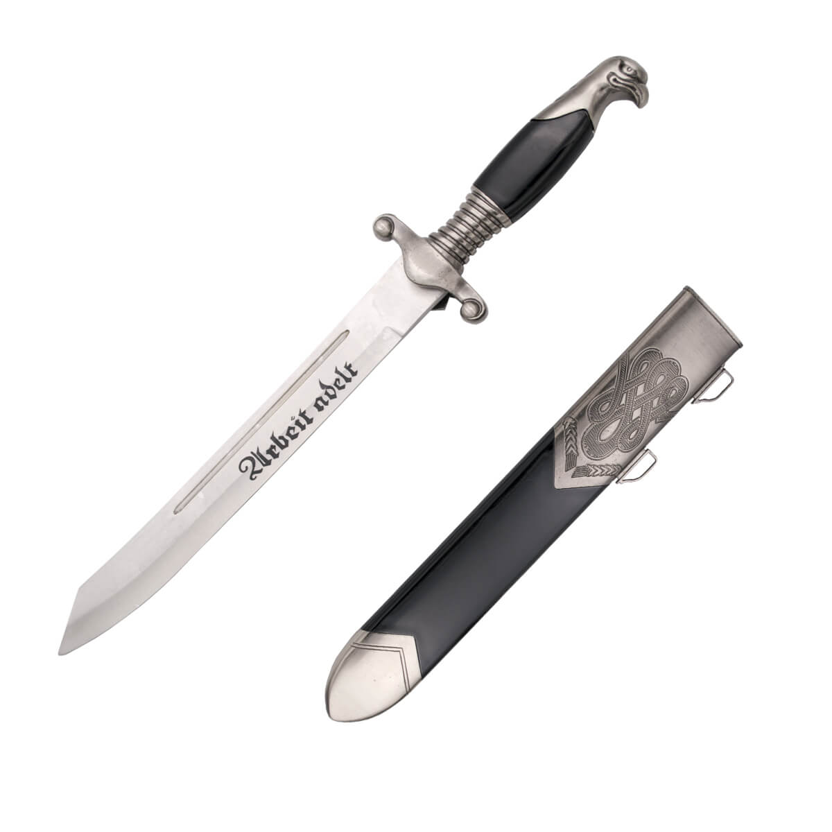 Dolch mit Gravuren und Adlerkopfknauf aus Nickel mit schwarzer Scheide