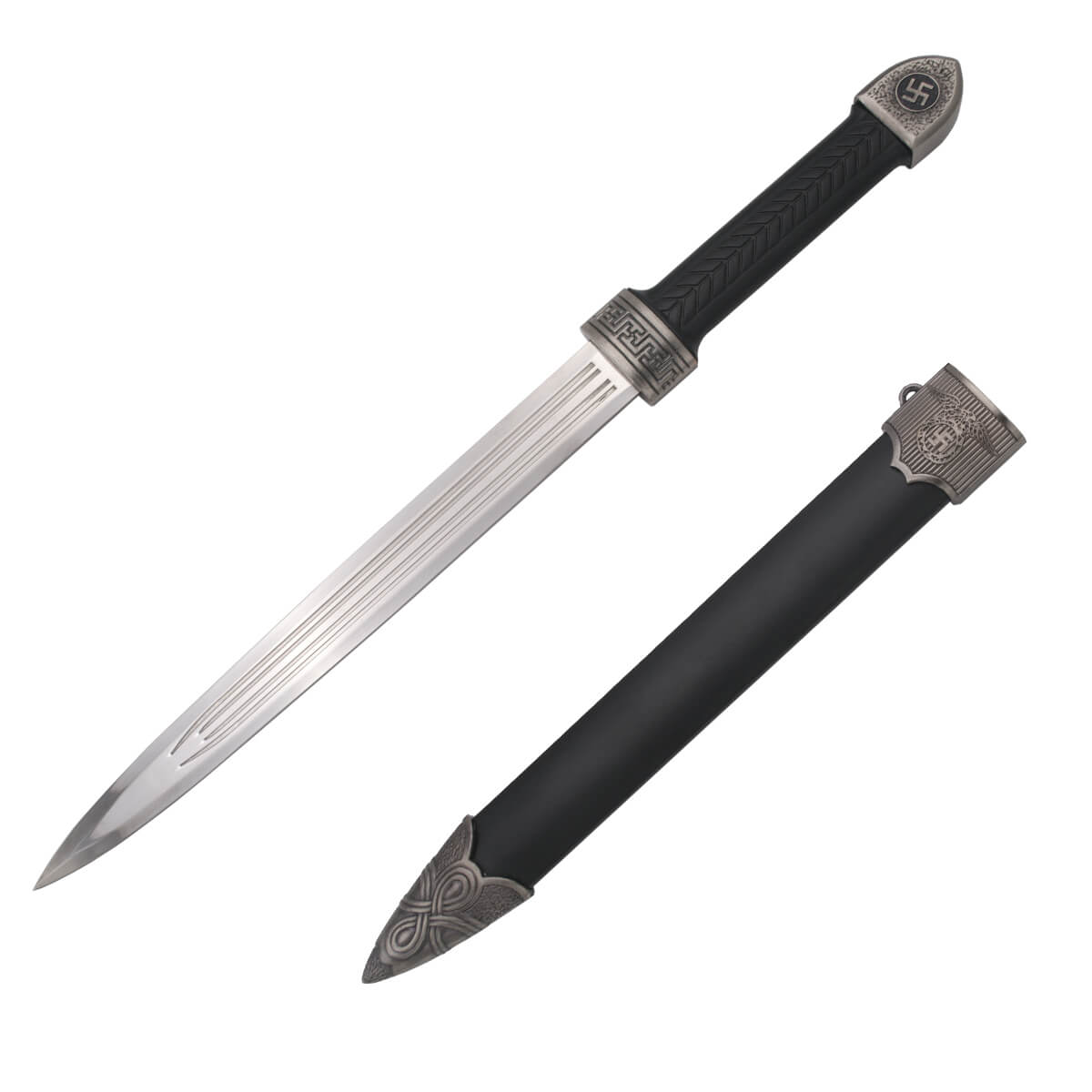 Daga alemana con pomo y guarda de color níquel y empuñadura y vai...