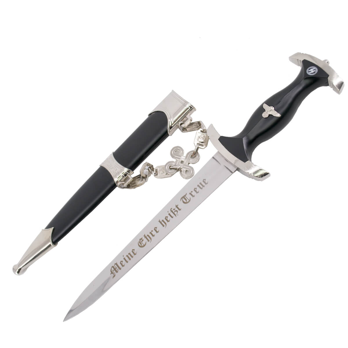 Daga alemana con grabado en la hoja y empuñadura y vaina negras