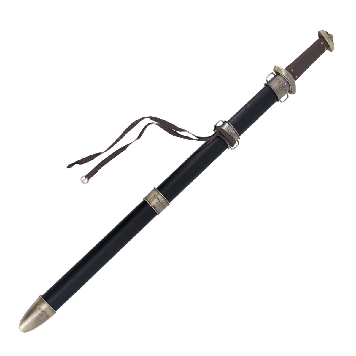 Espada vikinga con pomo y guarda color bronce y empuñadura de cuero