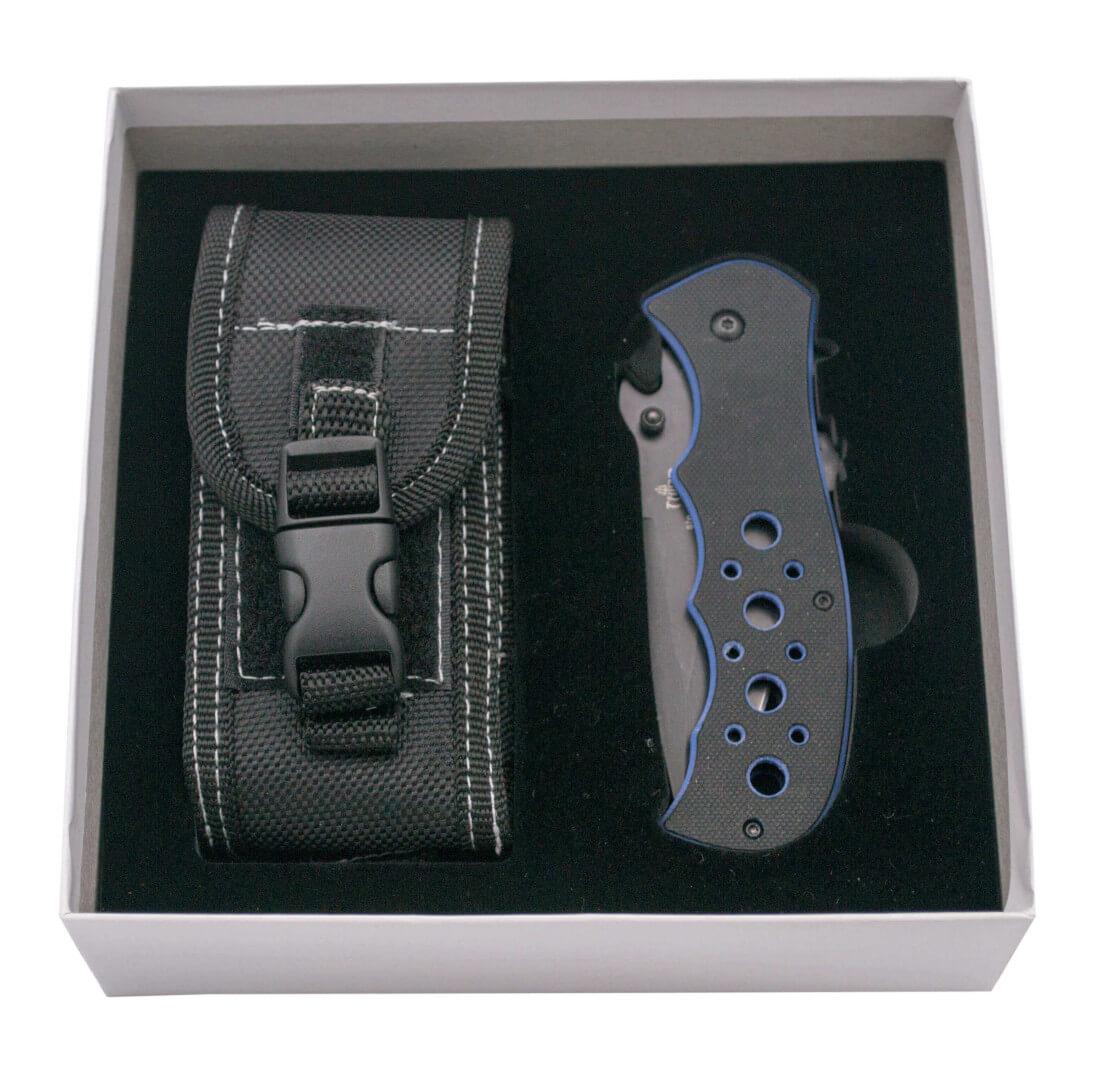 Taschenmesser mit Öffnungshilfe und Griff aus G10 bicolor blau und schwarz mit gezahnter Klinge