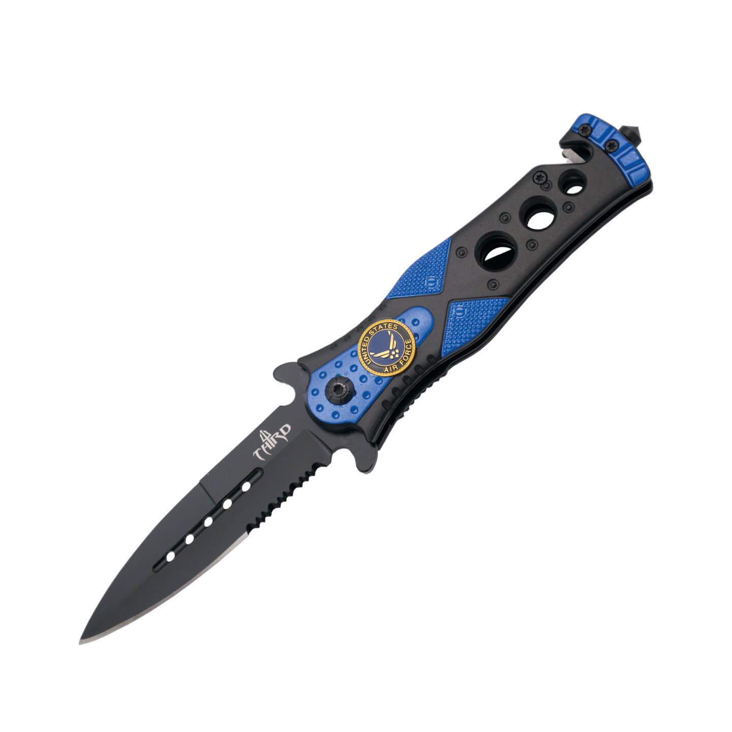 Coltello tascabile tattico Belt Cutter blu con seghetto