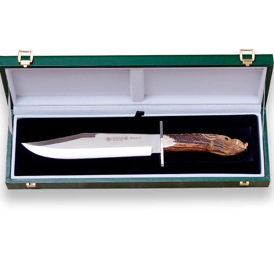 Bowie Jagd- und Sammlermesser Joker mit geschnitztem Hirschgeweihgriff