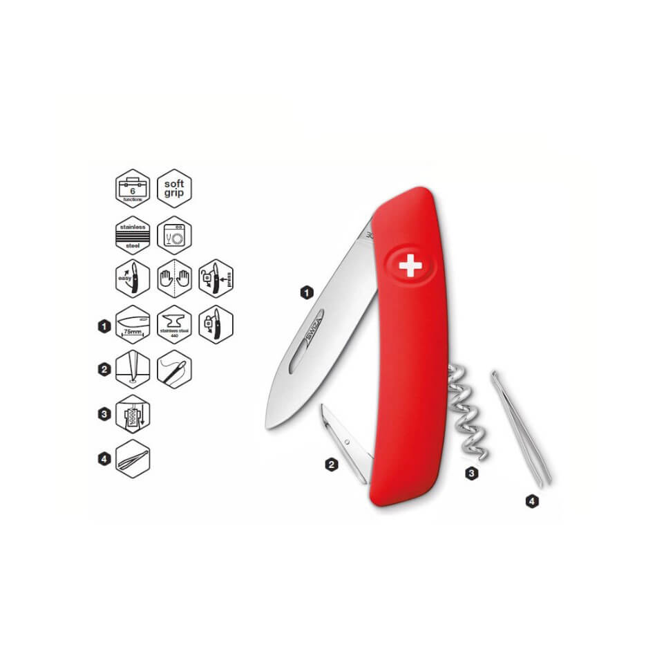 Swiza D01 red multipurpose knife with 6 functions KNI.0010.1000
